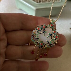 925 Floral Enamel Pendant Necklace with Red Accents